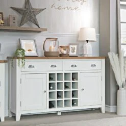Chester White Painted Oak 2 Door Large Sideboard With Wine Rack
