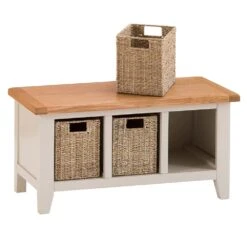 Chester Stone Painted Oak Hall Bench With Wicker Baskets -Furniture Sale Shop nc prt hb x 2