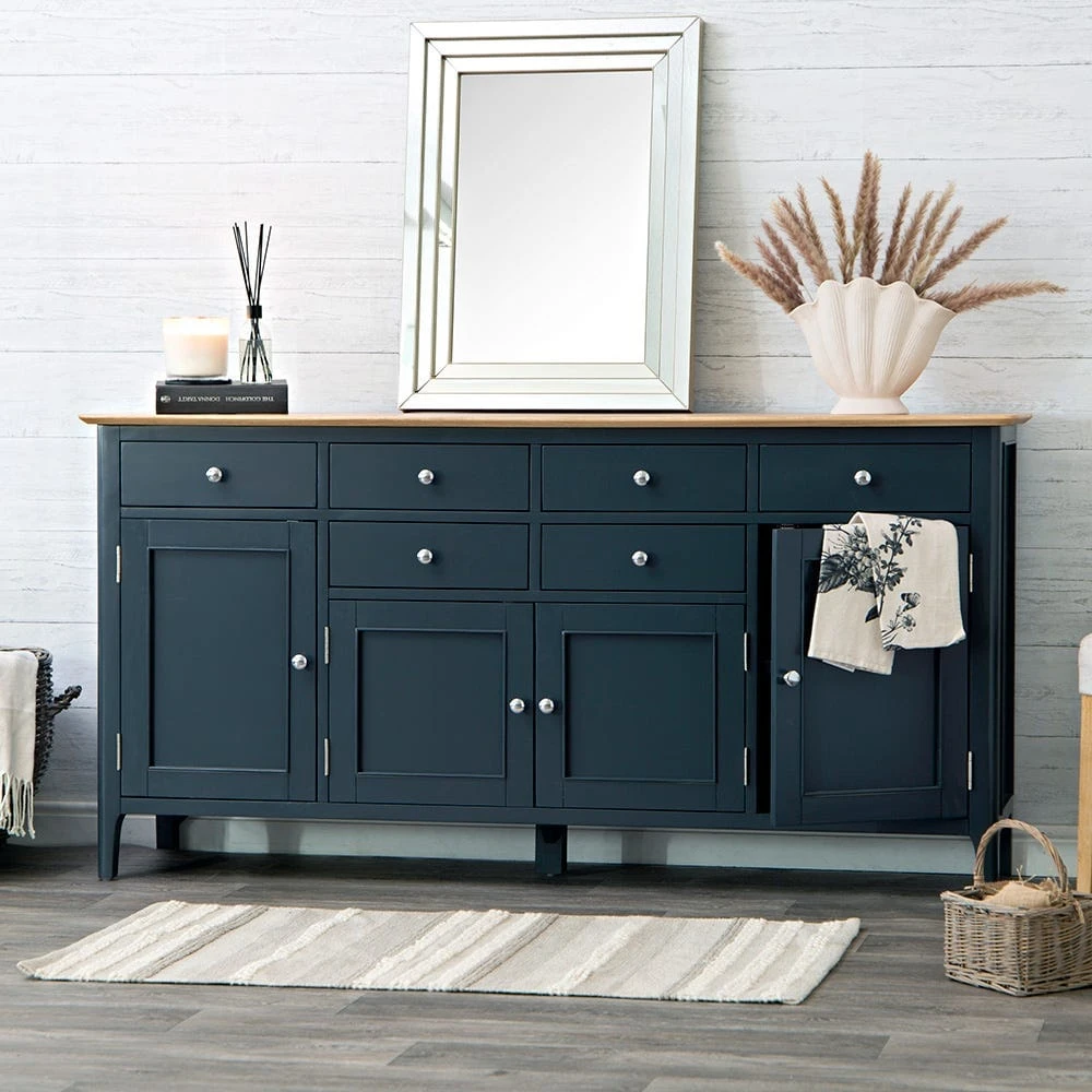 Bergen Blue Painted Oak 4 Door 6 Drawer Extra Large Sideboard 3 Bergen Blue Painted Oak 4 Door 6 Drawer Extra Large Sideboard