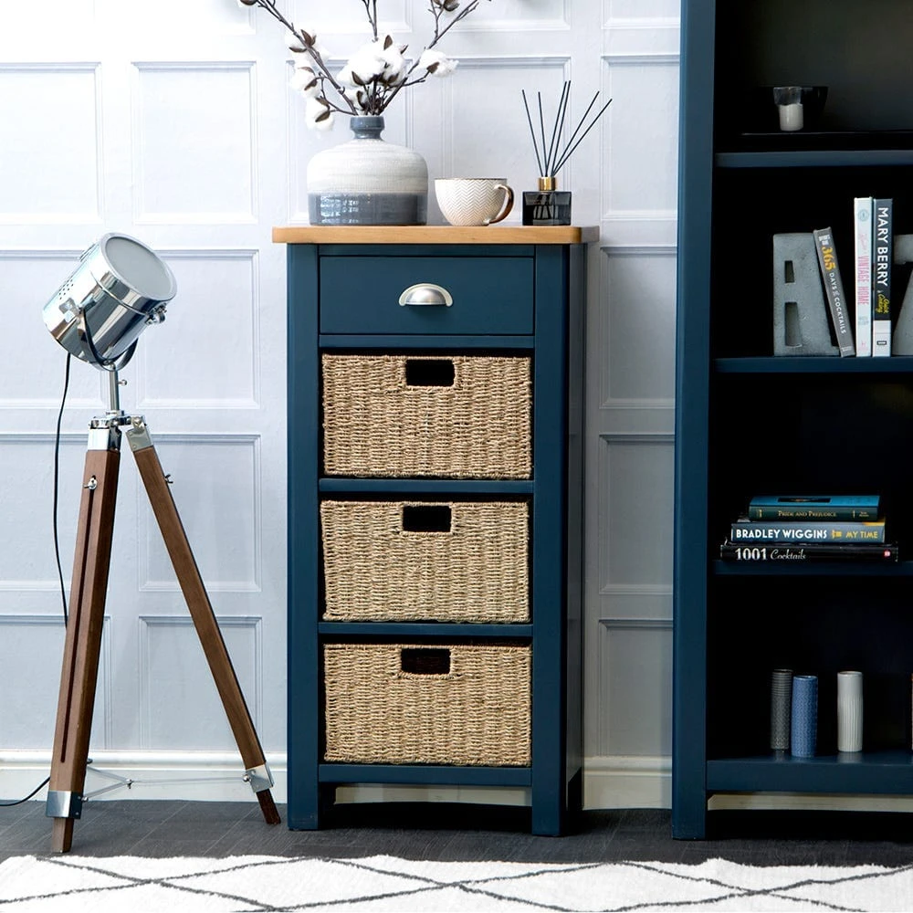 Rutland Blue Painted Oak 1 Drawer 3 Wicker Basket Cabinet 3 Rutland Blue Painted Oak 1 Drawer 3 Wicker Basket Cabinet