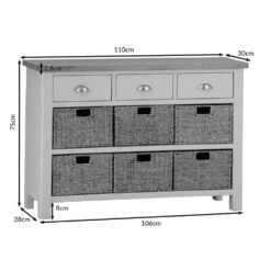 Rutland Blue Painted Oak 3 Drawer 6 Wicker Basket Cabinet -Furniture Sale Shop ra c36 dims blue