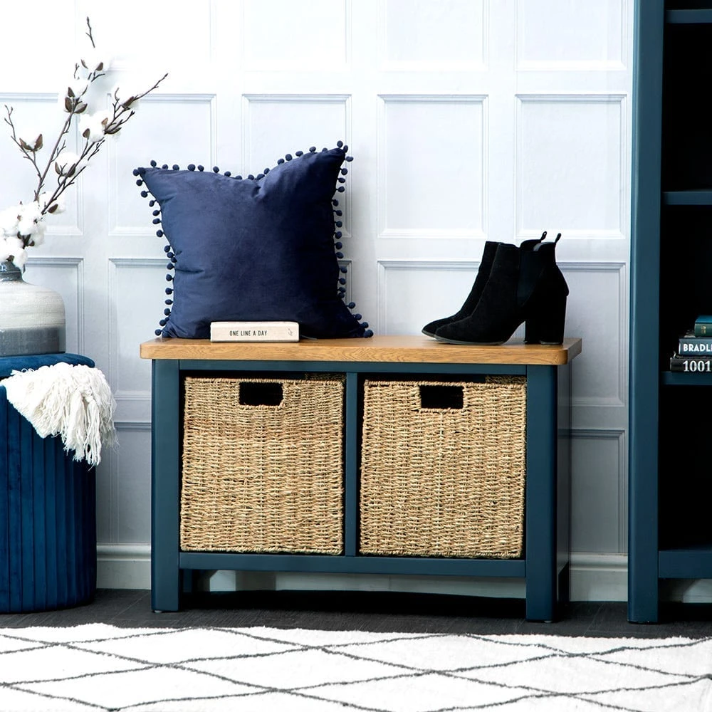 Rutland Blue Painted Oak Hall Bench With Wicker Baskets 3 Rutland Blue Painted Oak Hall Bench With Wicker Baskets