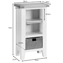 Suffolk Grey Painted Oak Small Narrow Bookcase With Wicker Basket -Furniture Sale Shop snbc 1