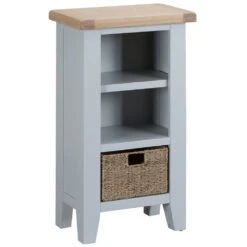 Suffolk Grey Painted Oak Small Narrow Bookcase With Wicker Basket